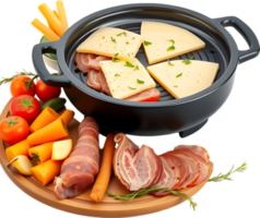 Rich raclette cheese plate paired with potatoes and meats. . png