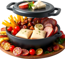 Melting raclette cheese over potatoes with salty charcuterie combo. . png
