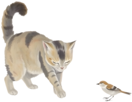 Artistic expression of cat and bird in minimal brushwork. . png