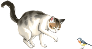 Zen-like painting with cat and bird in soft tones. . png