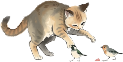 Ink styled curious cat observing bird in calm setting. . png