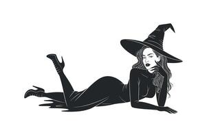 Silhouette of a seductive witch in a long dress and pointed hat lying down vector