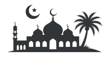 Silhouette of a Mosque with Palm Tree and Crescent Moon Star Islamic Religious Symbol vector
