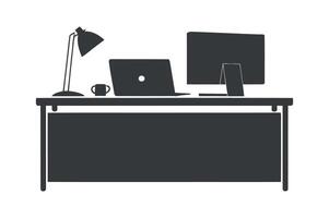 Simple Silhouette of a Modern Office Desk with Laptop Computer Desktop Monitor and Desk Lamp vector
