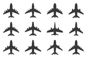 Twelve Airplane Icons Set Top View Different Designs Airplanes Silhouette Illustration vector