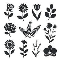 Collection of Twelve Simple Black Flower and Plant Icons on White Background vector