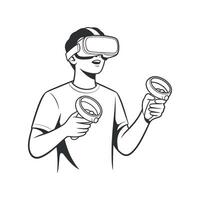Young Man Experiencing Immersive Virtual Reality with Controllers vector