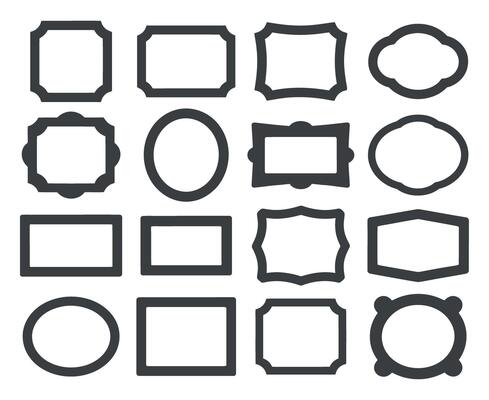 Collection of sixteen diverse frames ideal for various design projects offering diverse shapes and styles for image or text placement