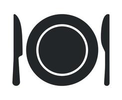 Simple Black and White Icon of a Plate with Knife and Fork for Restaurant Menu or Website Design vector