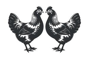 Two hens facing each other in a symmetrical black and white background vector