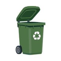 Green Wheeled Recycling Bin with Lid Open Waste Disposal Container vector