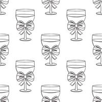 Seamless pattern with elegant wine glasses with bows. Festive background. Hand drawn sketch vector