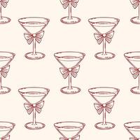 Seamless pattern with elegant martini glasses with bows. Festive background. Hand drawn sketch illustration. vector