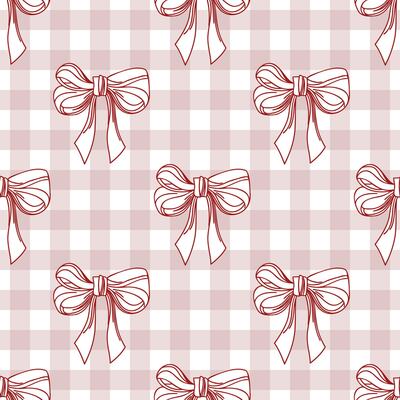 Seamless pattern, hand drawn elegant pink bows on gingham checkered fabric. Flirty background, wallpaper.