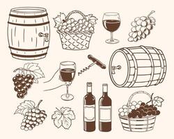 Wine and winemaking. Set of hand drawn wine bottles, grapes, barrel, glass, corkscrew, basket of grapes. Vintage wine and grape illustration. vector