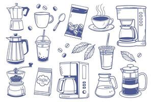 Coffee set with cups, coffee makers, grinders and beans. Coffee theme with different elements. Aesthetic hand drawn sketch illustration vector