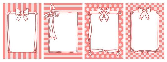 Elegant collection of pink frames with ribbon bows. Frame set. Template for invitations, posters, banners. Hand drawn sketch illustration. vector
