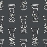 Elegant champagne flutes with bows seamless pattern. Festive background. Hand drawn sketch illustration. vector