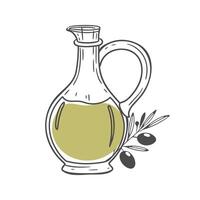 Glass Pitcher of olive oil and olive branch. Natural products. Hand drawn sketch illustration with color. vector