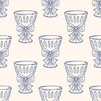 Elegant goblets with bows seamless pattern. Festive background. Hand drawn sketch illustration. vector