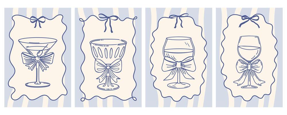 Hand drawn whimsical greeting cards with elegant wine glasses with bows in vintage ribbon frames. Hand drawn sketch illustration.