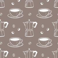 Coffee themed seamless pattern with cups, coffee makers and beans. Cafe menu background. Hand drawn sketch. vector