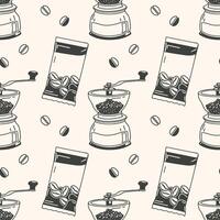 Coffee theme seamless pattern with cups, coffee grinder and beans. Cafe menu background. Hand drawn sketch. vector
