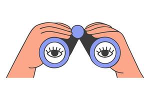 Hands holding binoculars and looking through them. Hands holding binoculars with eyes. Illustration for search engine or research. vector