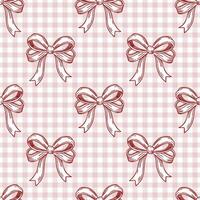 Seamless pattern, hand drawn elegant pink bows on gingham checkered fabric. Flirty background vector