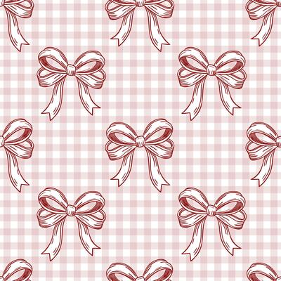 Seamless pattern, hand drawn elegant pink bows on gingham checkered fabric. Flirty background