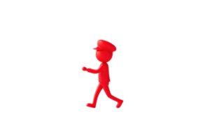 A red stick figure wearing a cap walks confidently, showcasing a simple yet dynamic posture. png