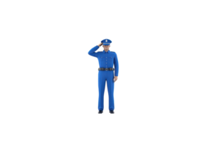 A blue police figurine stands at attention, saluting, dressed in a uniform with a cap. png