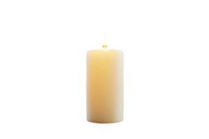 A lit cylindrical candle with a warm glow emanating from its flame. png