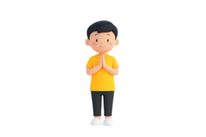 A cartoon boy with short black hair, wearing a yellow shirt and black pants, stands with his hands together in a gesture of greeting or respect. png