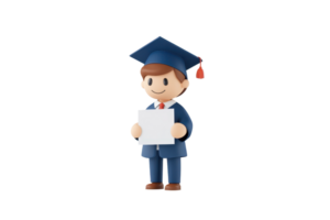A cheerful graduate wearing a cap and gown, holding a blank certificate, symbolizing achievement and education. png