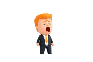 A cartoon character in a suit with orange hair, expressing a loud yawn or shout. png