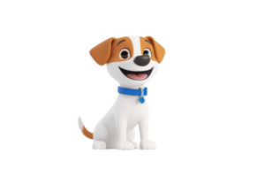 A cheerful cartoon dog with a white body, brown spots, and a blue collar, smiling and posing in a friendly manner. png