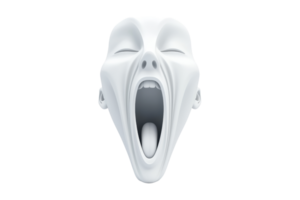 A stylized sculpture of a white, elongated face expressing an exaggerated scream, showcasing a wide open mouth and distinct facial features. png