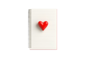 A red heart is placed on a spiral-bound notebook with lined pages. png