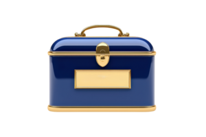 A shiny blue box with a gold handle and lock, featuring a blank plate for labeling. png