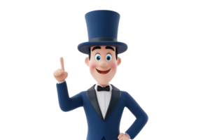 A cheerful cartoon character wearing a top hat and tuxedo, raising one finger as if presenting an idea. png