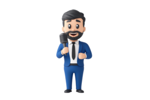 A cartoon character dressed in a blue suit, holding a microphone, with a friendly expression and a neatly styled beard. png