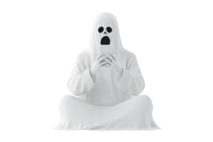 A ghostly figure in a white robe with a skull-like face sits calmly, hands clasped, evoking a sense of eerie tranquility. png