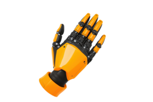 A vibrant, robotic hand featuring intricate mechanical joints and an ergonomic design, showcasing advanced technology in robotics. png