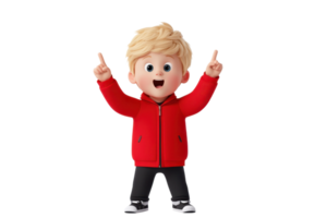 A cheerful cartoon boy with blond hair, wearing a red jacket and black pants, excitedly points upwards with both hands. png
