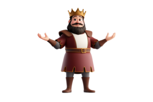 A cartoonish king with a crown, a beard, and a joyful expression, dressed in royal attire, gestures with open arms. png