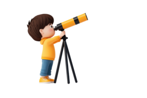 A young boy looks through a telescope, showcasing curiosity and exploration in a playful pose. png