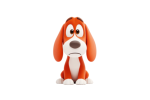 A cartoon-style dog with floppy ears and a sad expression, featuring an orange and white color palette. png