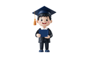 A cheerful boy in graduation attire holding a diploma, wearing a cap with a tassel and a formal suit. png