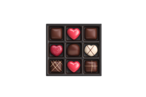 A box of assorted chocolates, featuring various shapes and textures, including heart-shaped pieces and traditional chocolate squares. png